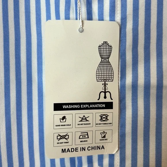 NWT DOKKIA Mens Blue White Stripe Short Sleeve Button Up Dress Shirt SIZE XL - Picture 3 of 6